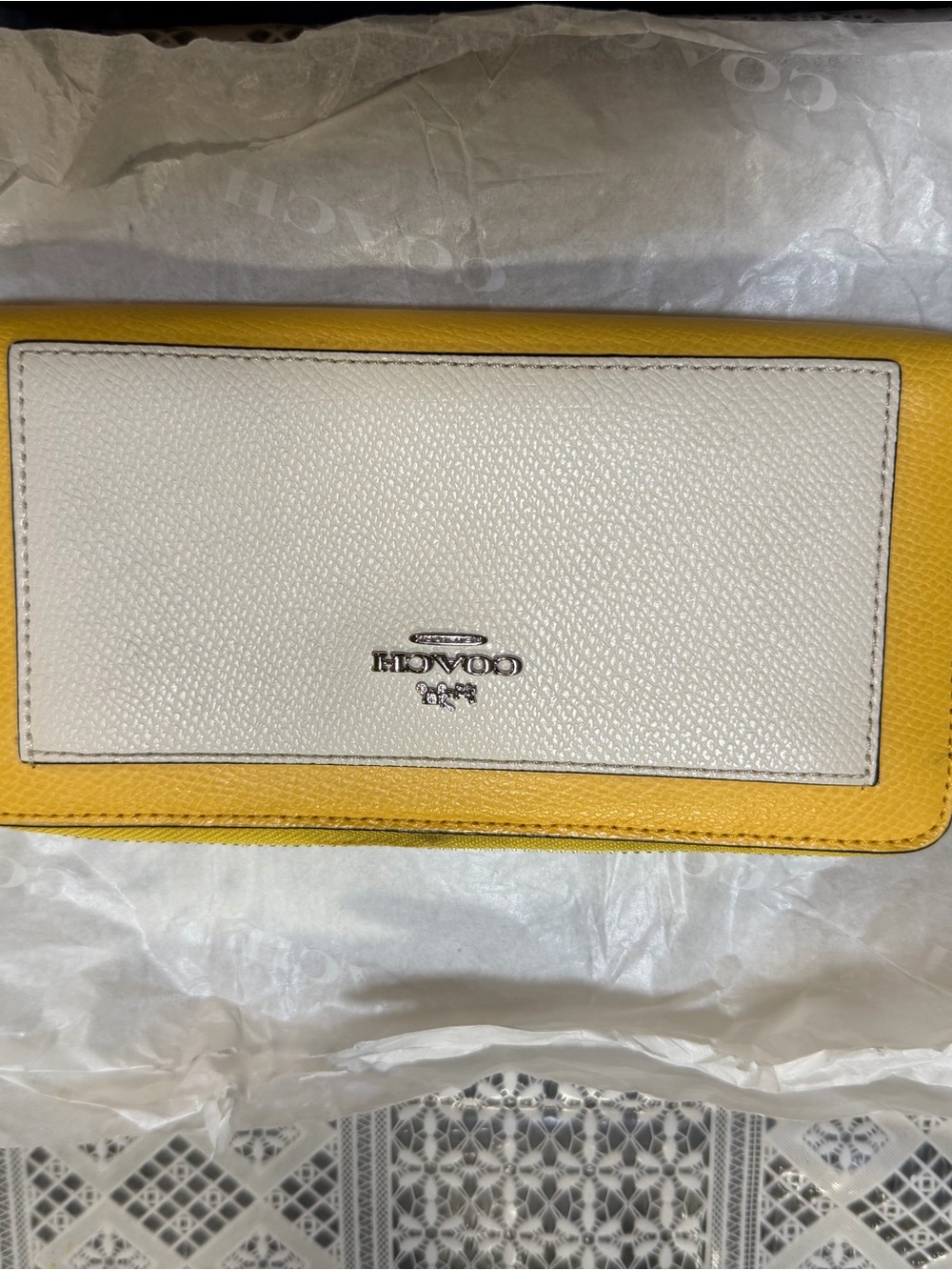 COACH Yellow and White Saffiano Leather Continental Wallet